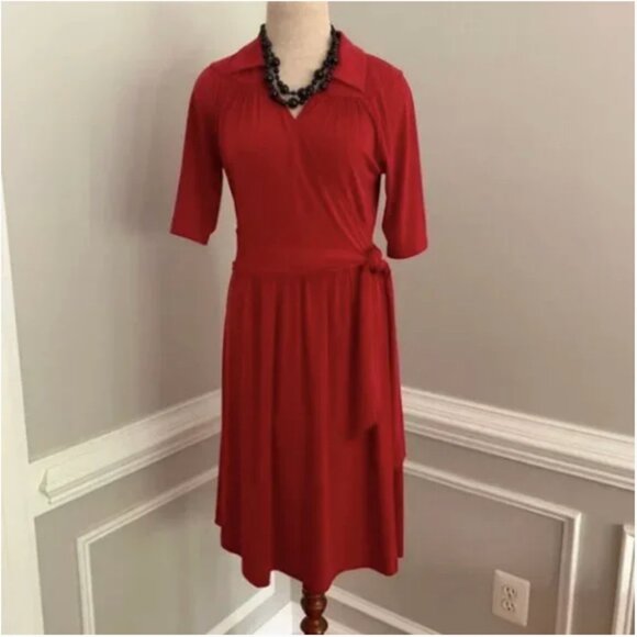 Talbots Faux Wrap Rust Colored Spilt Neck Collared Stretch Dress Size 6P - Picture 2 of 8